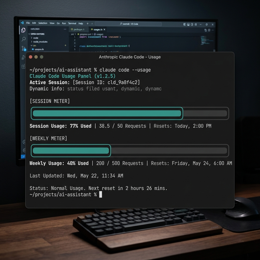 Claude Code Usage panel showing a Session (5hr) bar at 8% resetting in 4h and a Weekly (7 day) bar at 47% resetting in 2d