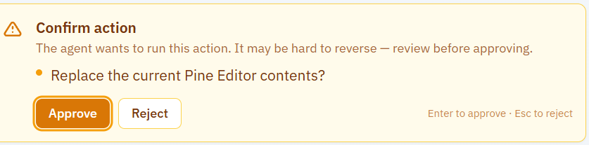 Pine Editor 콘텐츠 교체 전 승인을 요청하는 Remix Confirm Action 다이얼로그