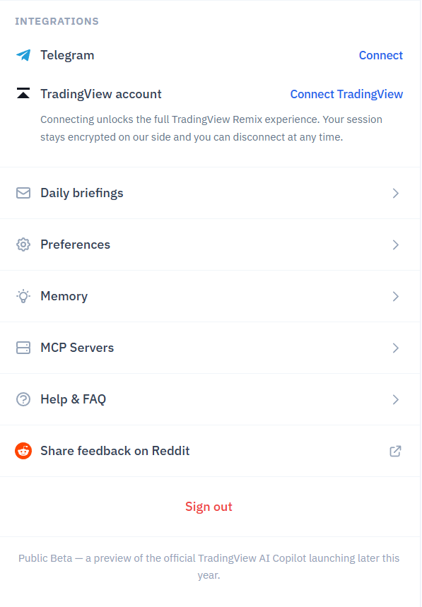 Remix 설정 메뉴 주요 섹션과 “Public Beta — a preview of the official TradingView AI Copilot” 푸터