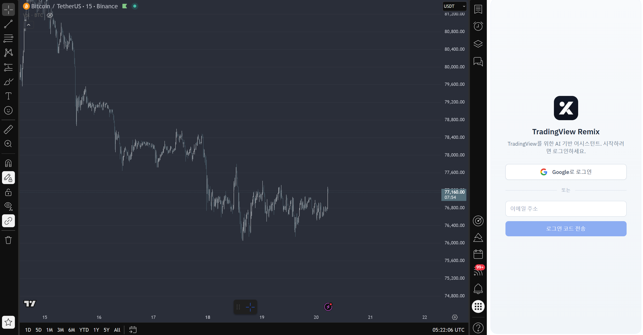 TradingView Remix side panel opening next to a BTCUSDT chart on first install