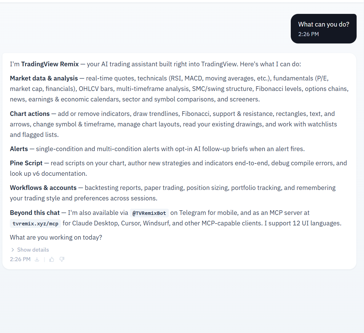 “What can you do?” 질문에 대한 Remix 응답. 시장 데이터, 차트 액션, 알림, Pine Script, 워크플로우, Telegram, MCP, UI 언어 12종 등 공식 기능 전체 나열